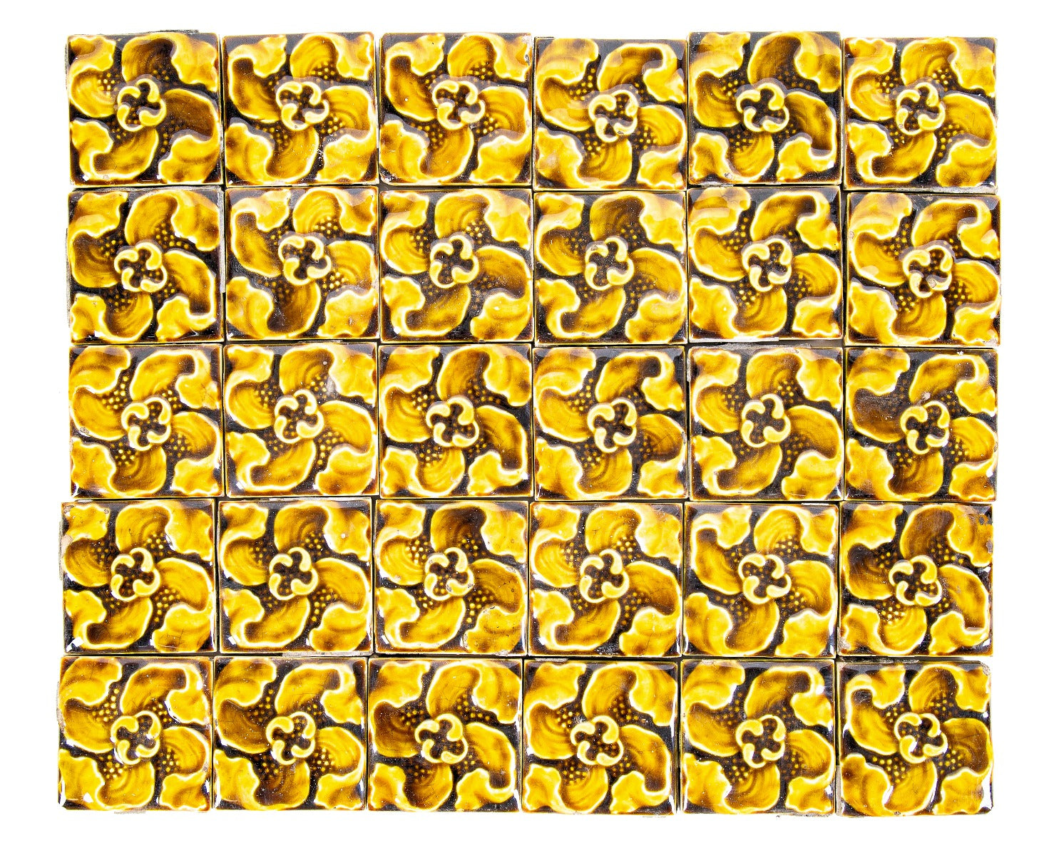 large lot of 26 original 19th century richly colored salvaged chicago 3 x 3 majolica glazed trent fireplace tiles