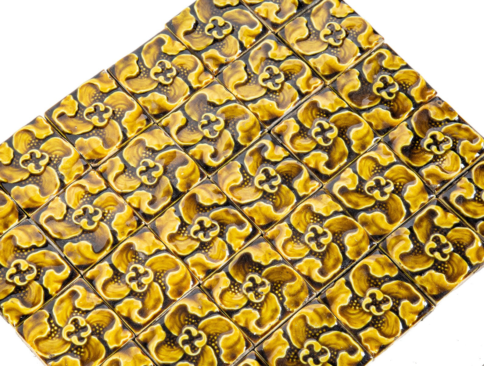 large lot of 26 original 19th century richly colored salvaged chicago 3 x 3 majolica glazed trent fireplace tiles