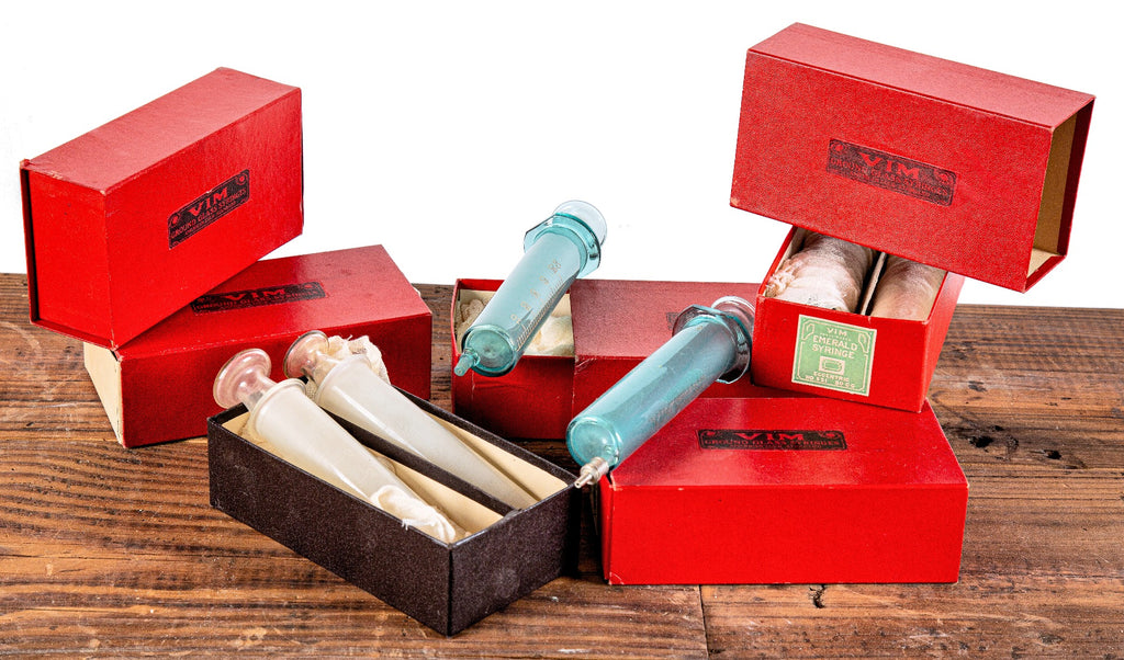 original early 20th century new old stock ground glass vim "emerald" hospital syringes