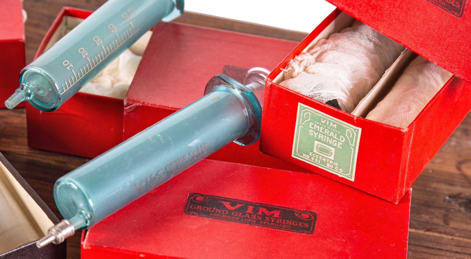 original early 20th century new old stock ground glass vim "emerald" hospital syringes