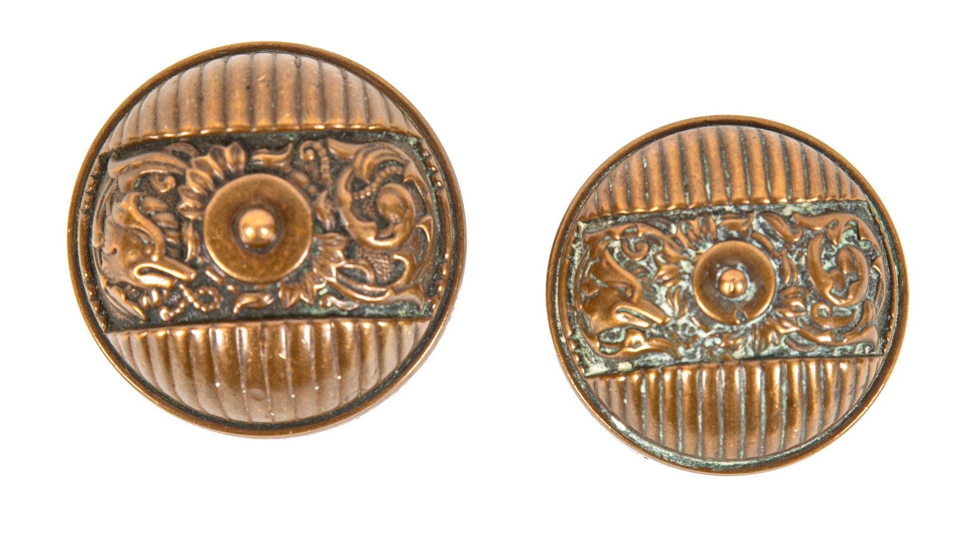 hard to find 19th century salvaged chicago cast bronze "columbian pattern" entrance door handles with nicely aged patina