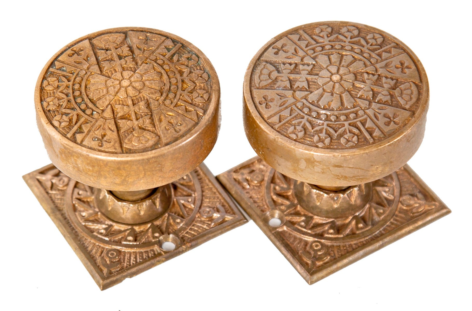 matching set of antique american eastlake style ornamental cast brass doorknobs with matching escutcheons