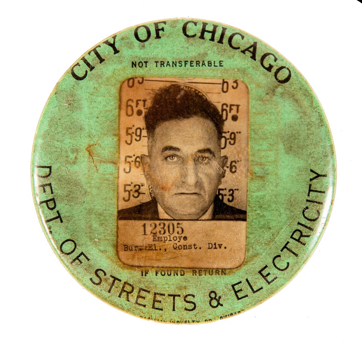 original 1930s city of chicago streets and electricity employee badge or button made by parisian novelty