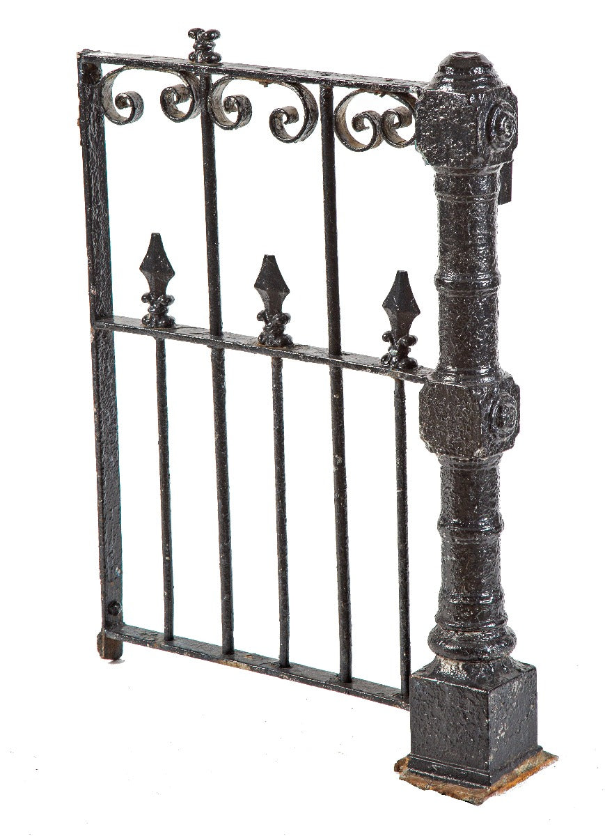 19th century original ornamental cast iron black enameled newel post and railing salvaged from a chicago residence