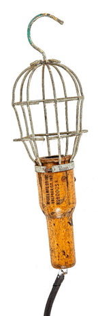 original early 20th century mcgill turned wood handle trouble light with steel cage or bulb guard