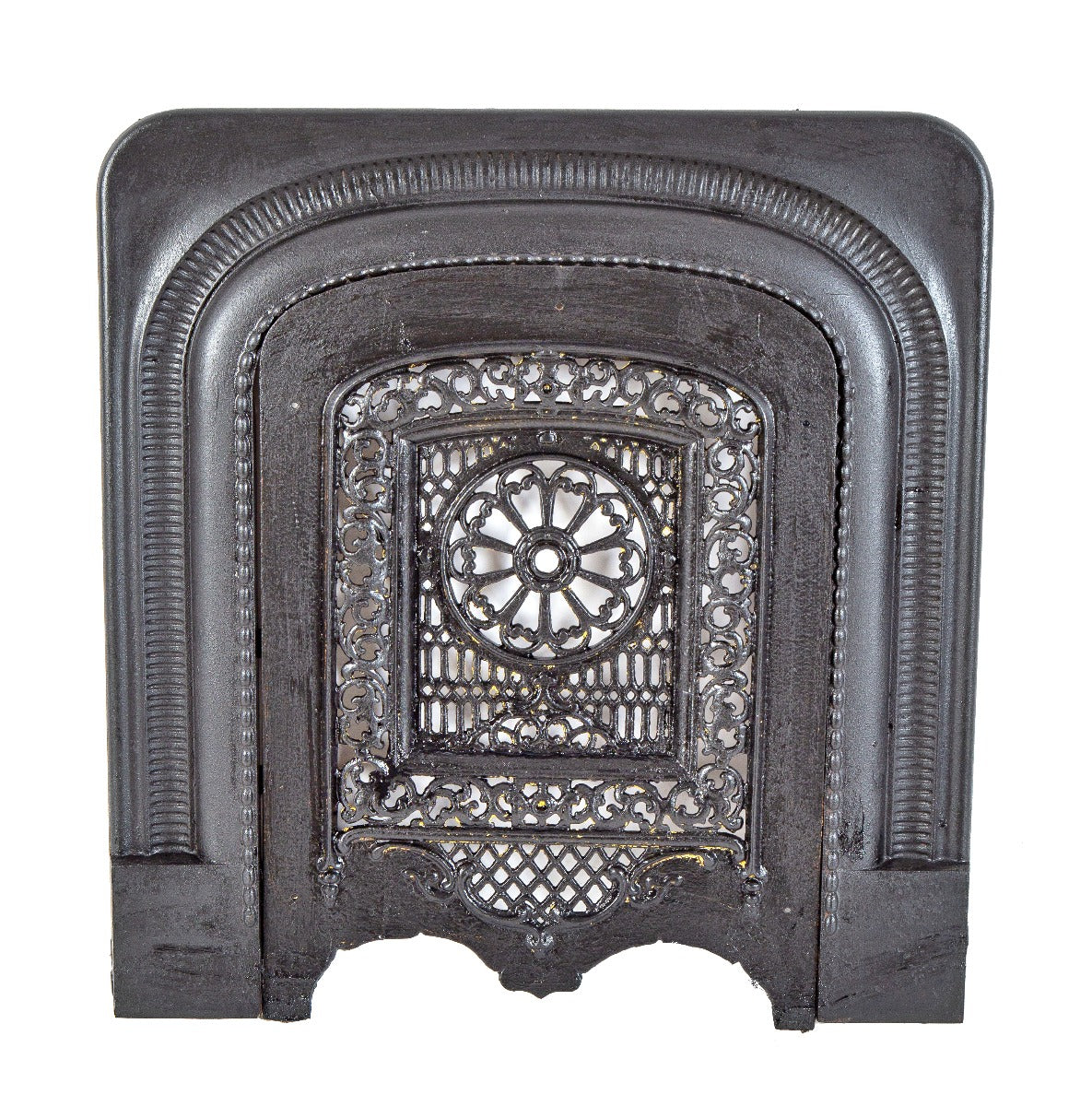 19th century original black enameled ornamental cast iron post-fire chicago residential summer cover and surround