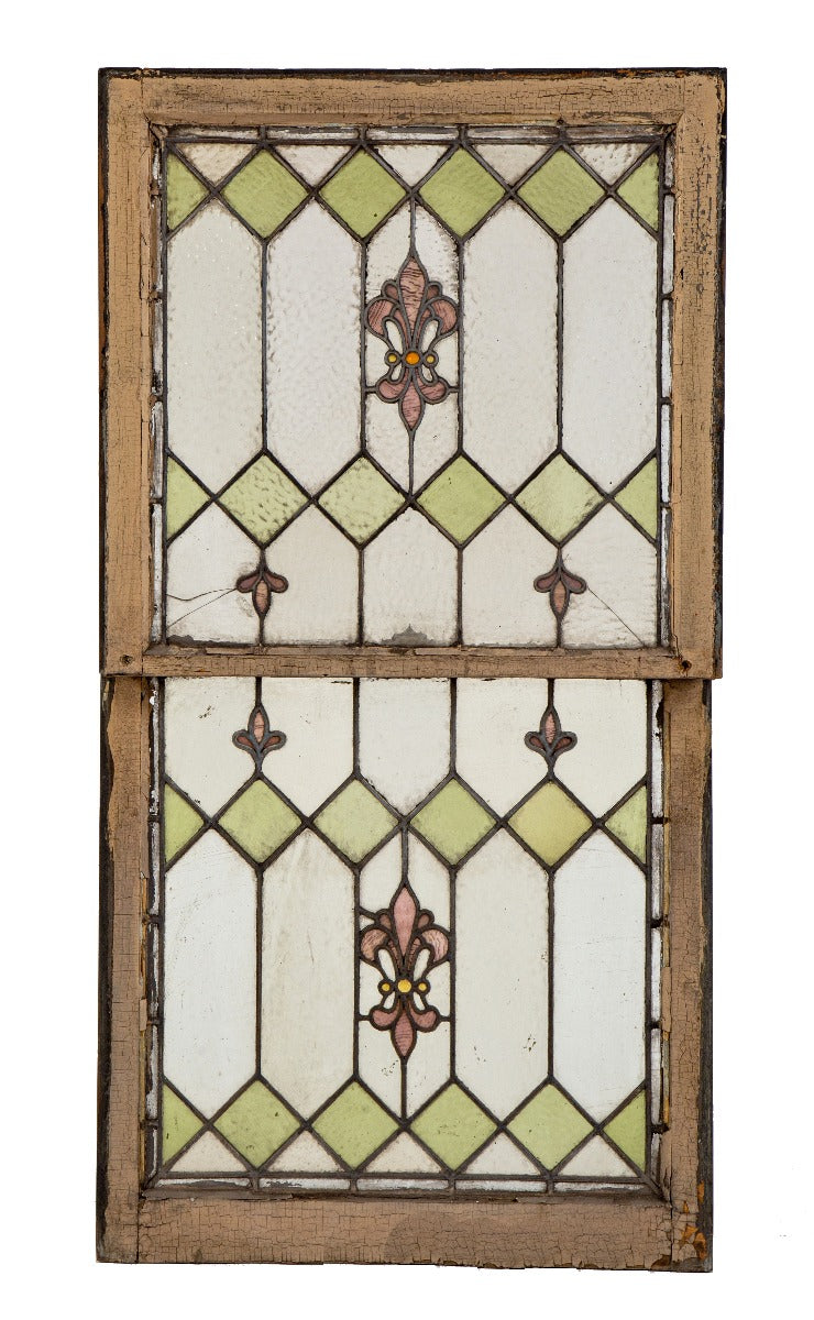 early 20th century original salvaged chicago double-sash leaded art glass window with picket fence and fleur-de-lis design motifs