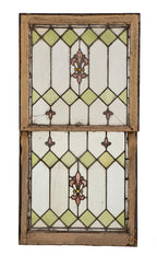 early 20th century original salvaged chicago double-sash leaded art glass window with picket fence and fleur-de-lis design motifs
