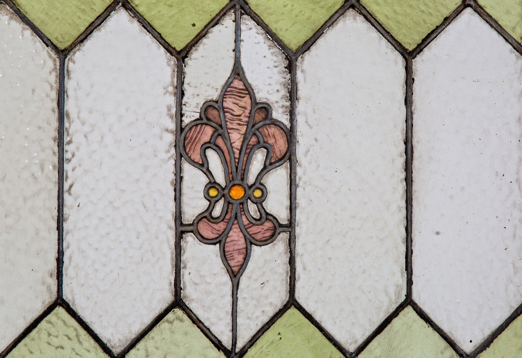 early 20th century original salvaged chicago double-sash leaded art glass window with picket fence and fleur-de-lis design motifs