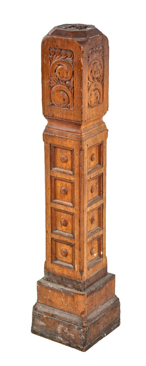 uniquely-designed 1880s antique american salvaged chicago hand-carved cherry wood freestanding residential staircase newel post