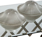 two matching early 20th century two-part salvaged chicago holophane company pendant prismatic glass globes