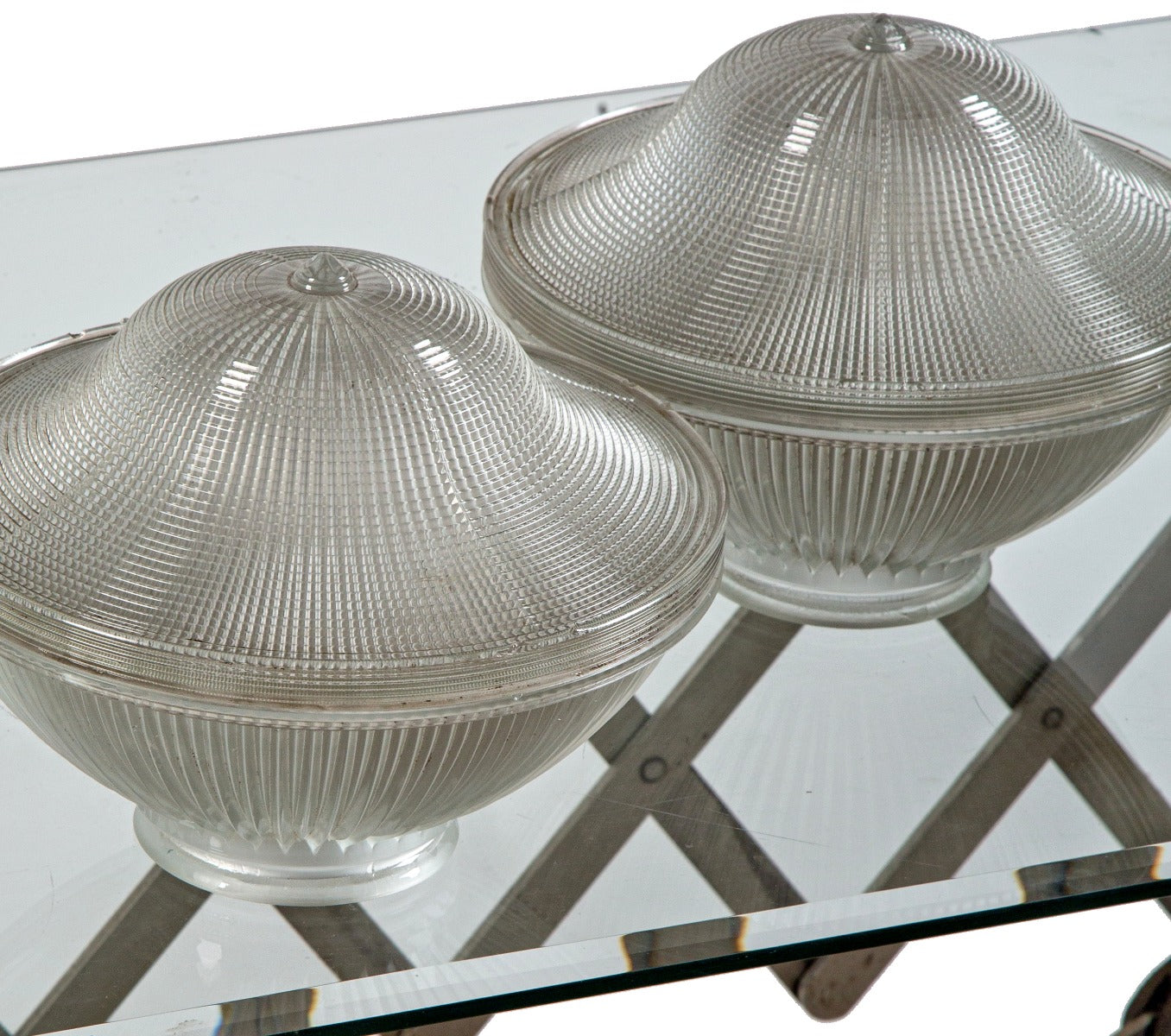two matching early 20th century two-part salvaged chicago holophane company pendant prismatic glass globes