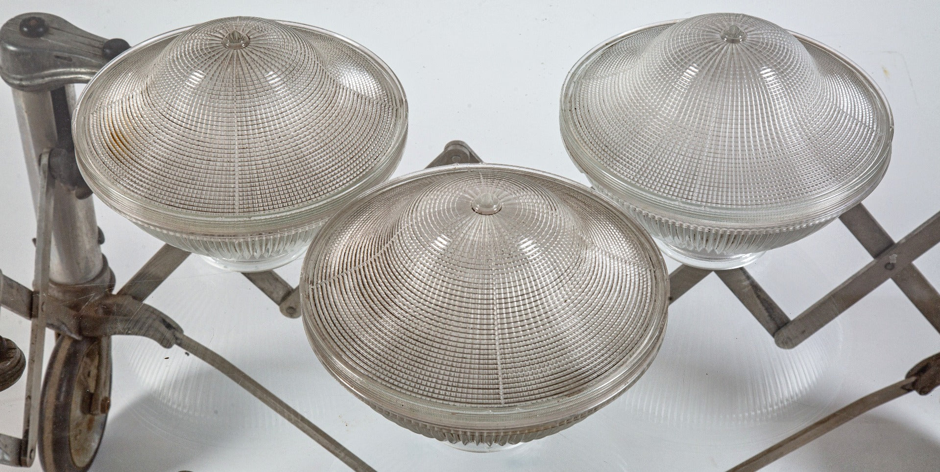 three original early 20th century antique american industrial ice cream parlor prismatic glass holophane shades