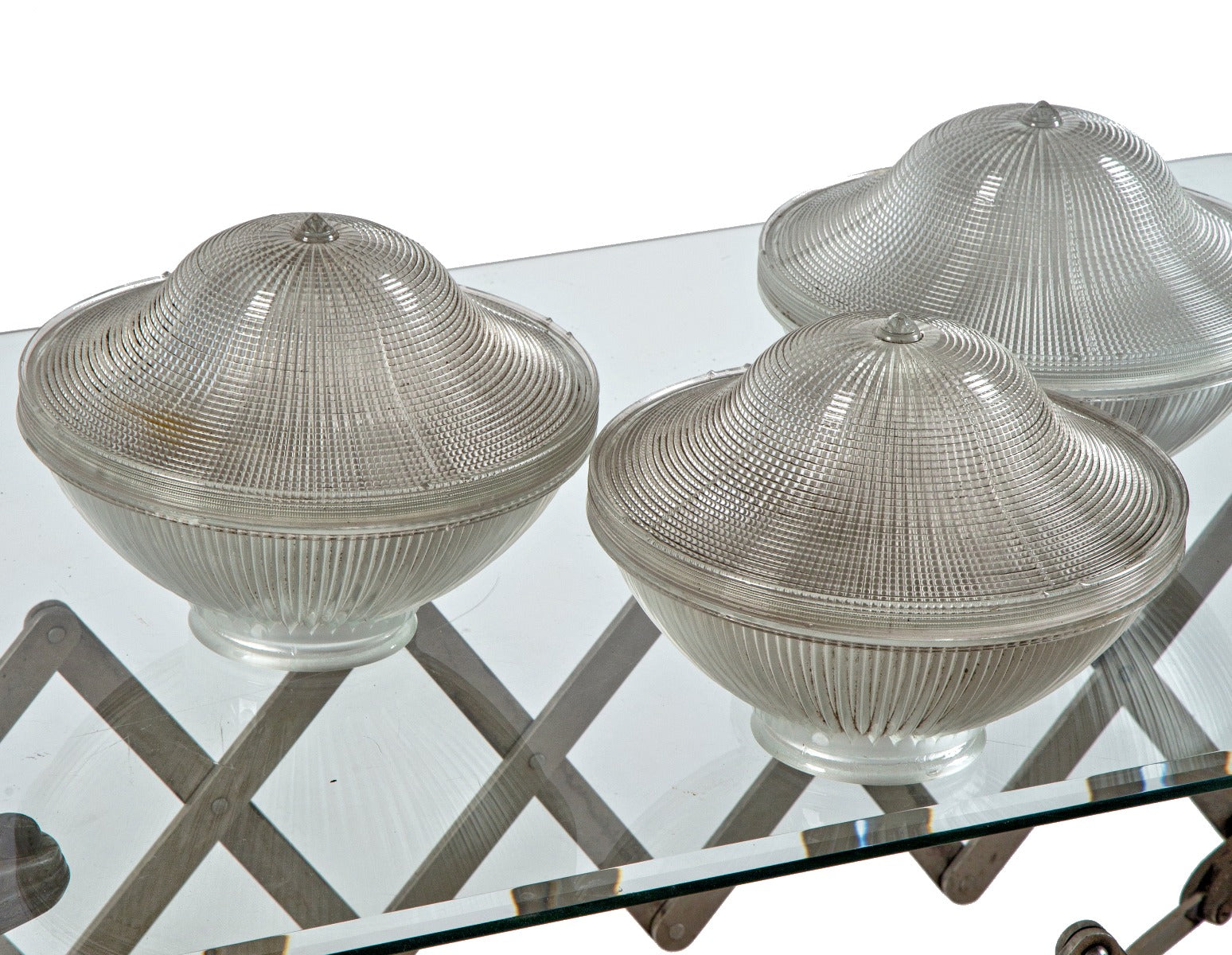 three original early 20th century antique american industrial ice cream parlor prismatic glass holophane shades