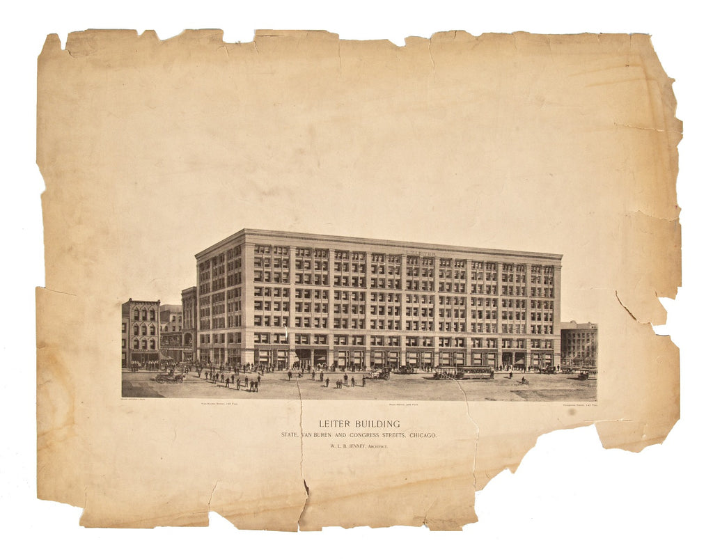 original oversized lithographic print of leiter ii building that originally hung in jenney and mundie's architectural office