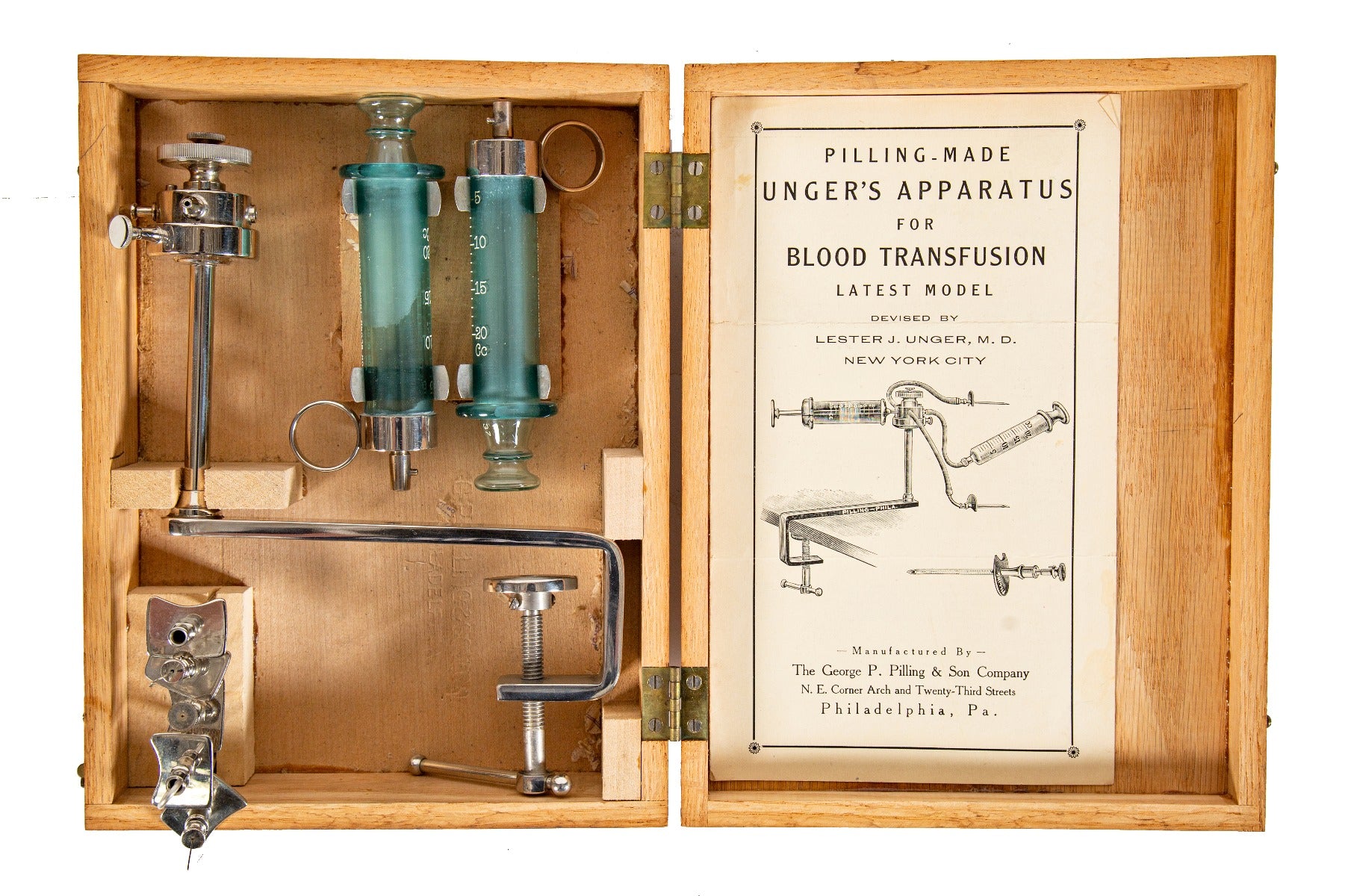 rare all original early 20th century unger's apparatus for blood transfusion with emerald glass syringes and oak box