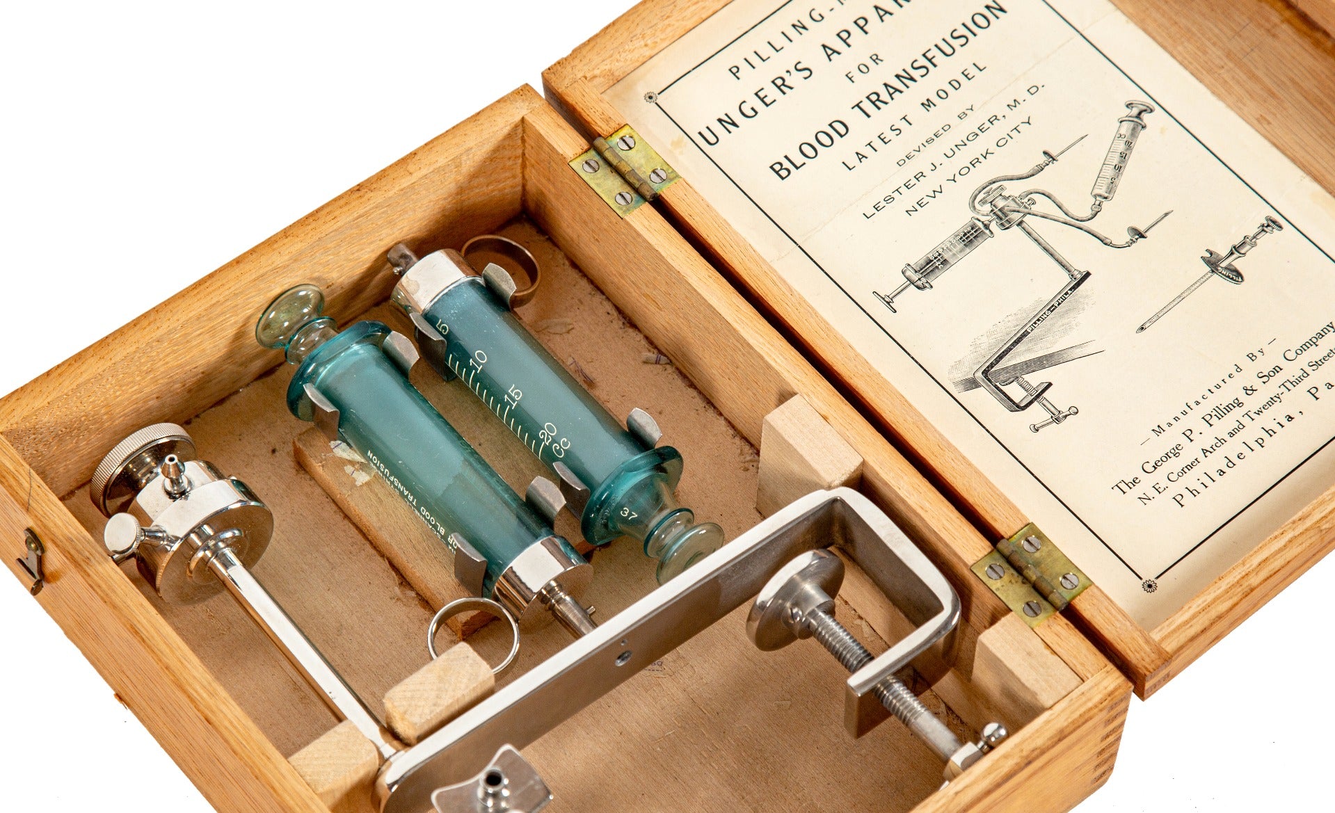 rare all original early 20th century unger's apparatus for blood transfusion with emerald glass syringes and oak box
