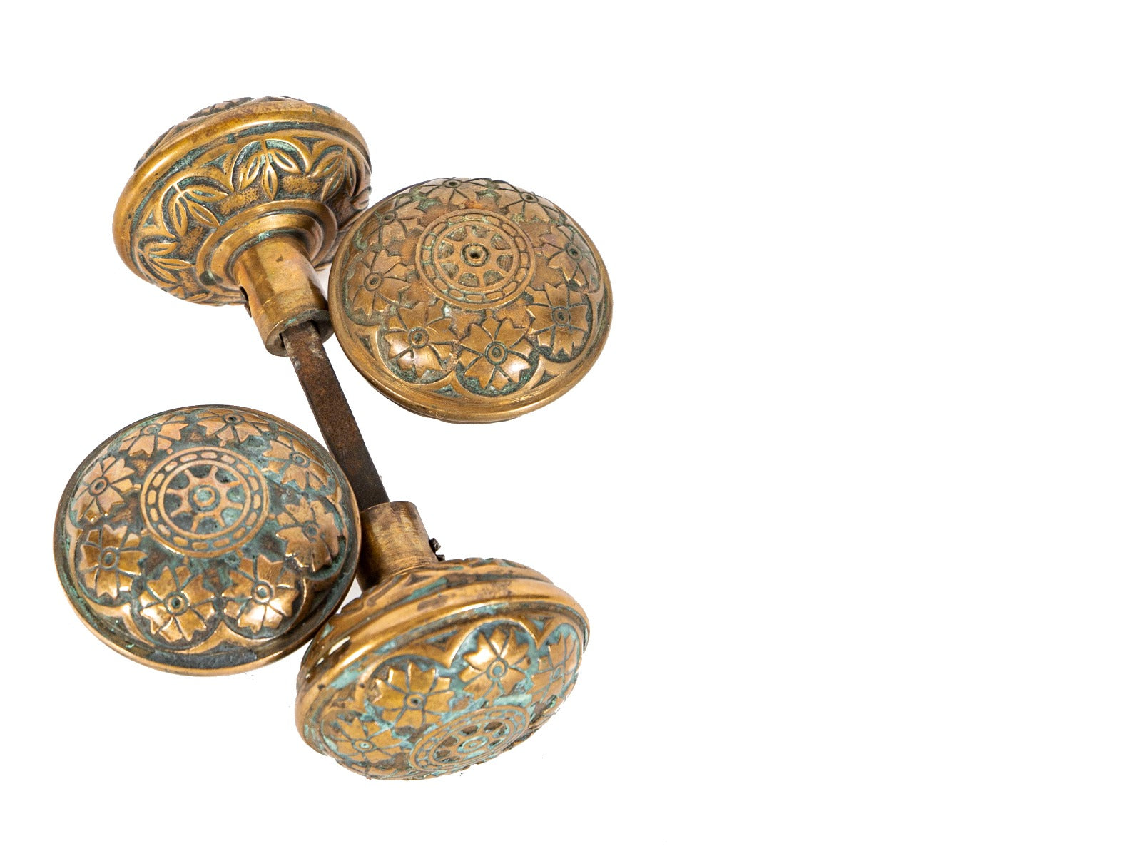 group of four matching 19th century antique american ornamental cast brass residential doorknobs
