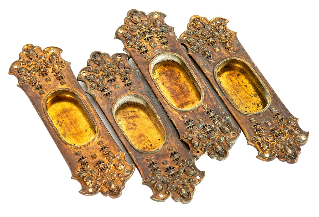 four matching all original ornamental cast bronze 19th century lasar mansion interior pocket door backplates or escutcheons