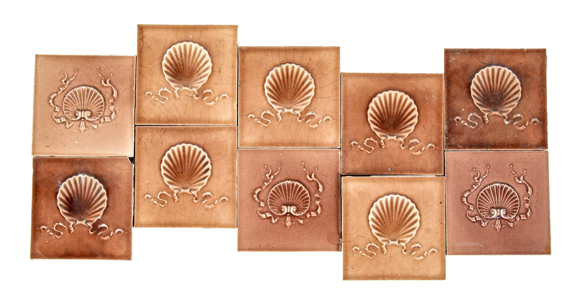 lot of ten matching 19th century antique american shell and ribbon motif fireplace majolica glazed tiles