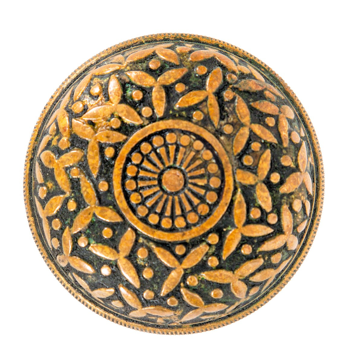 highly desirable original 1880's anglo-japanese style "rice" pattern ornamental cast brass doorknob with knurled band