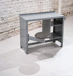 original 1950's vintage american industrial heavily reinforced solid steel cook county prison desk with swing-out seat