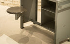 original 1950's vintage american industrial heavily reinforced solid steel cook county prison desk with swing-out seat