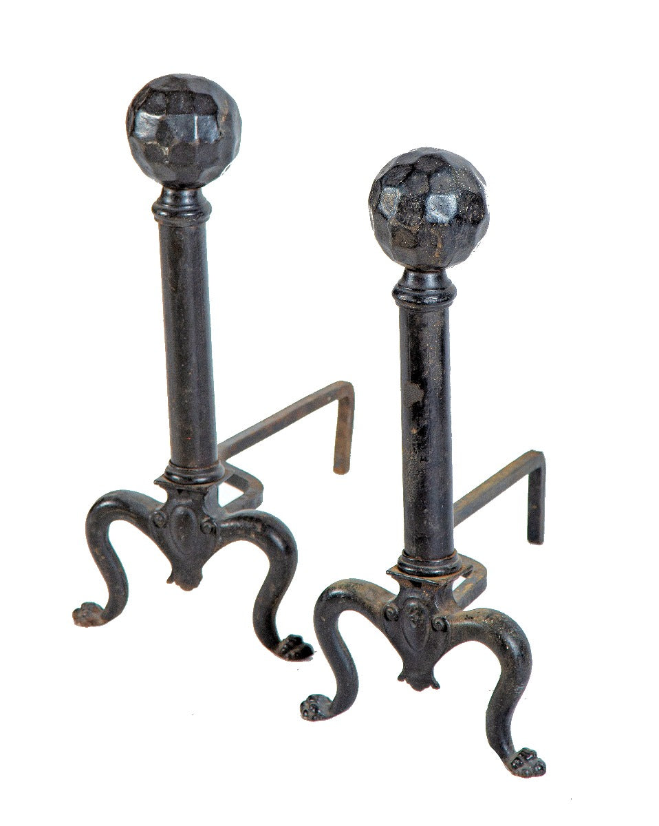 matching set of late 19th century antique american ornamental cast iron fireplace andirons