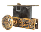 19th century interior residential eastlake style cast brass "oriental" pattern passage door lockset with nicely aged patina