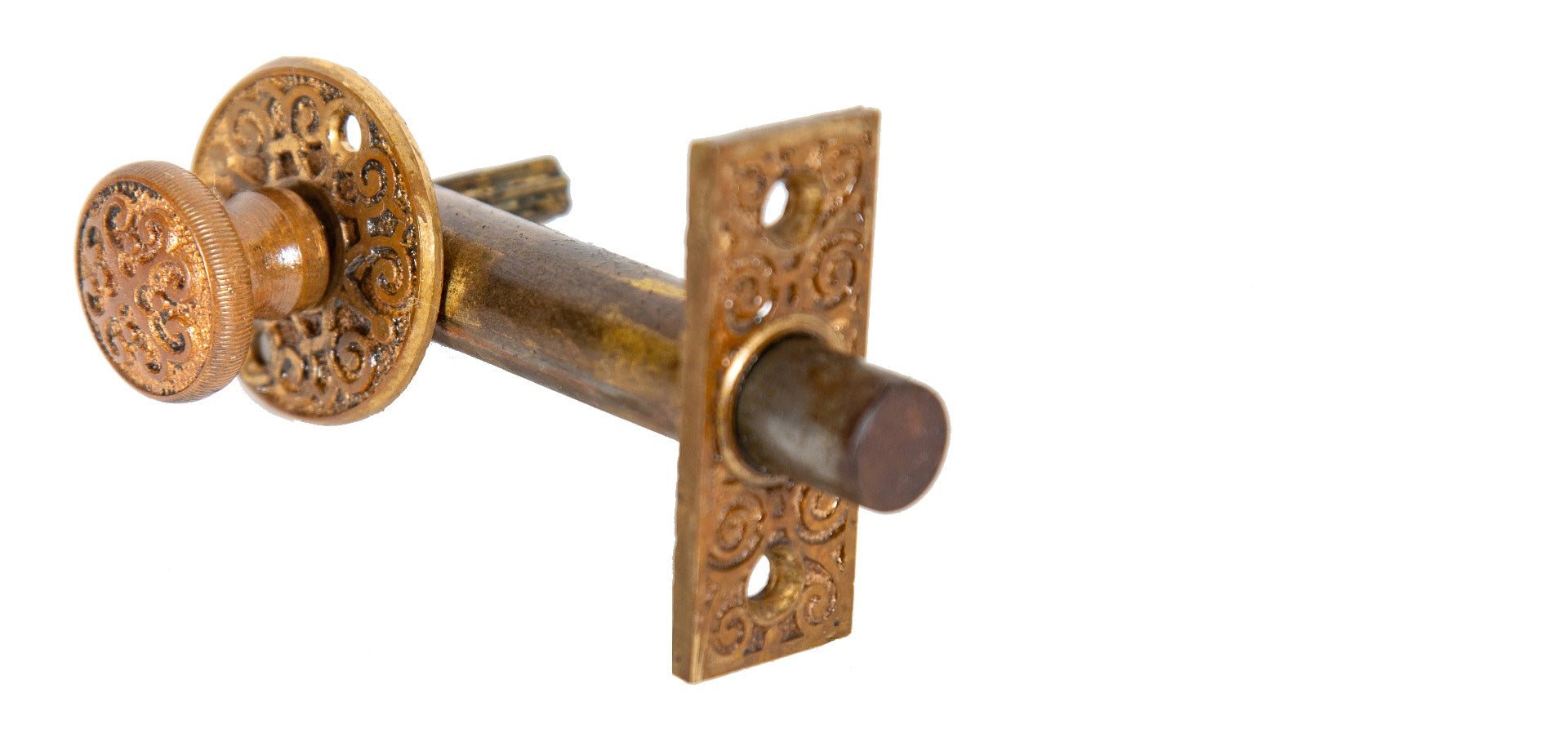 hard to find and highly sought after 19th century antique american ornamental cast bronze mortise lock bolt or night latch with knurled dial