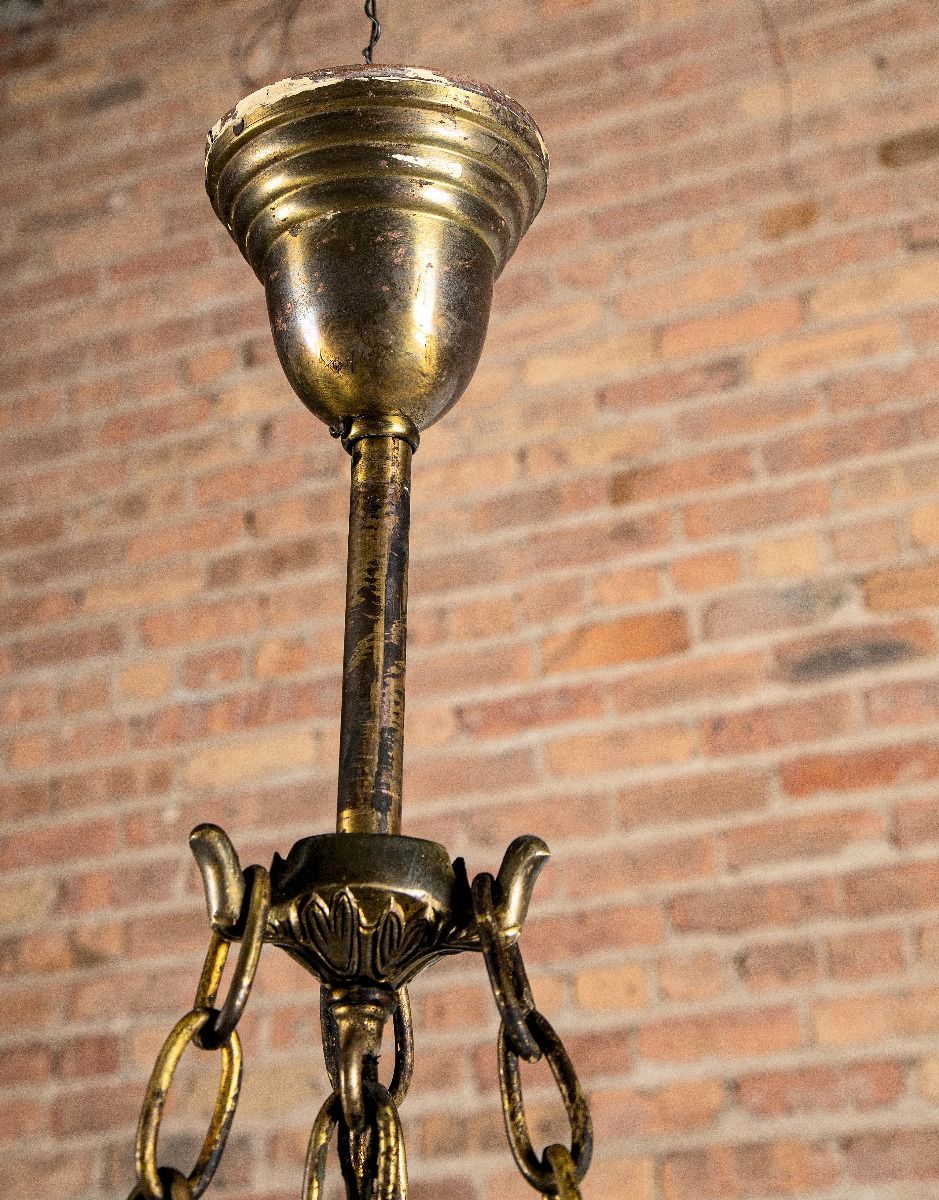 all original and intact three-arm drop-bowl early 20th century pendant light salvaged from old cleveland dance hall