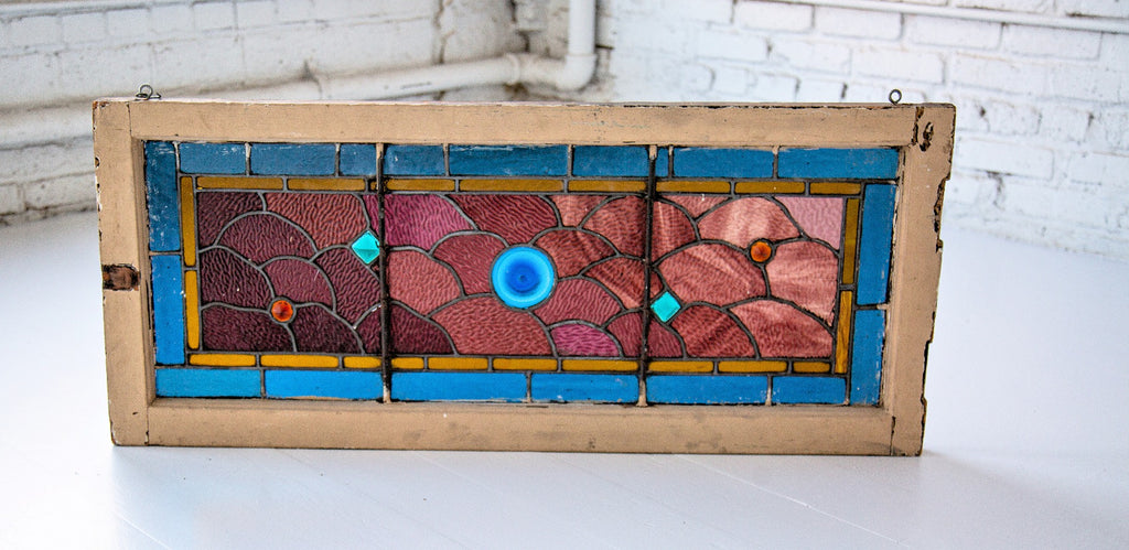 richly colored original salvaged chicago 1880s mcculley and miles stained glass transom window with faceted jewels