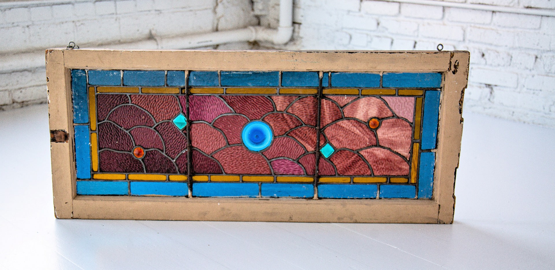 richly colored original salvaged chicago 1880s mcculley and miles stained glass transom window with faceted jewels