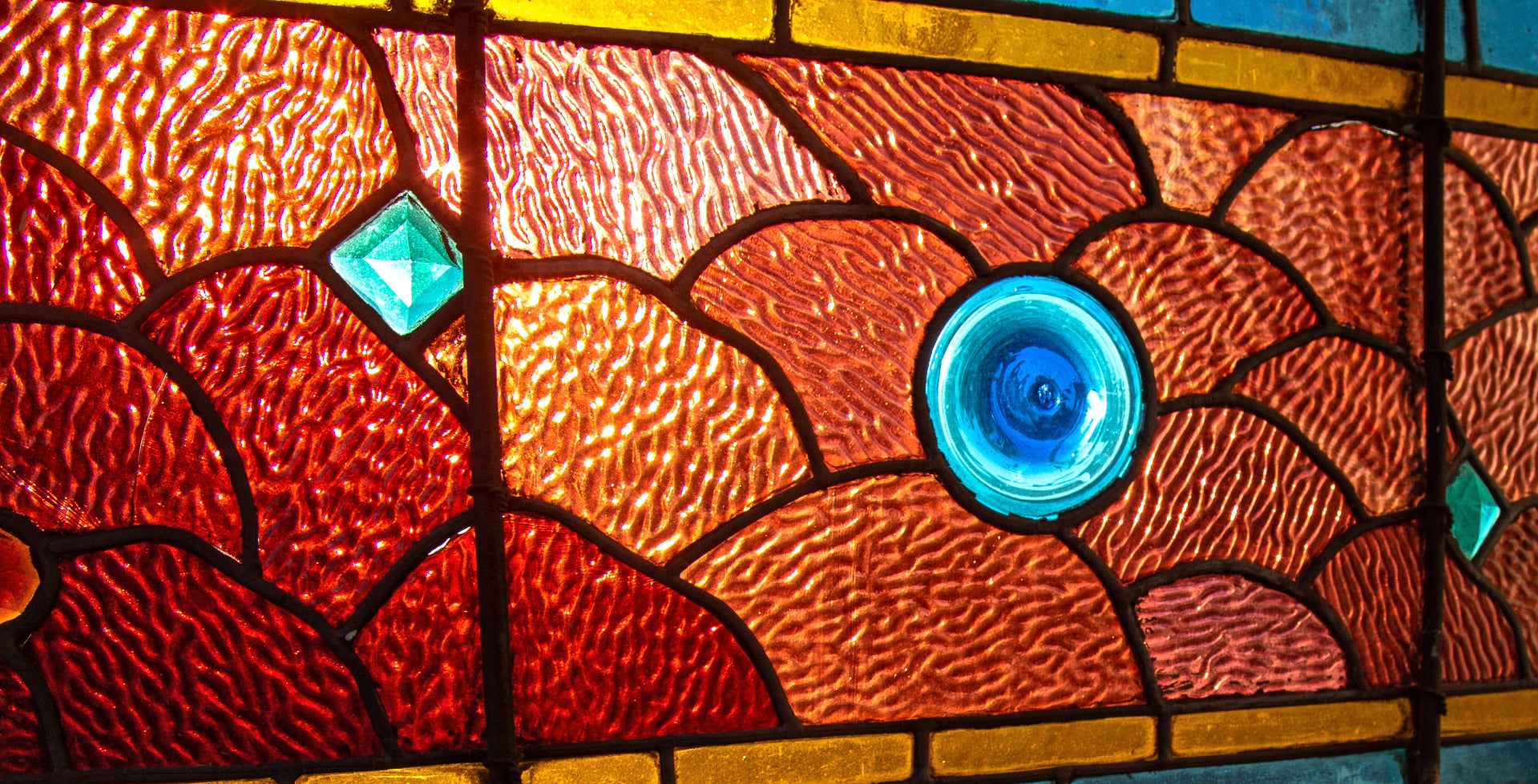 richly colored original salvaged chicago 1880s mcculley and miles stained glass transom window with faceted jewels