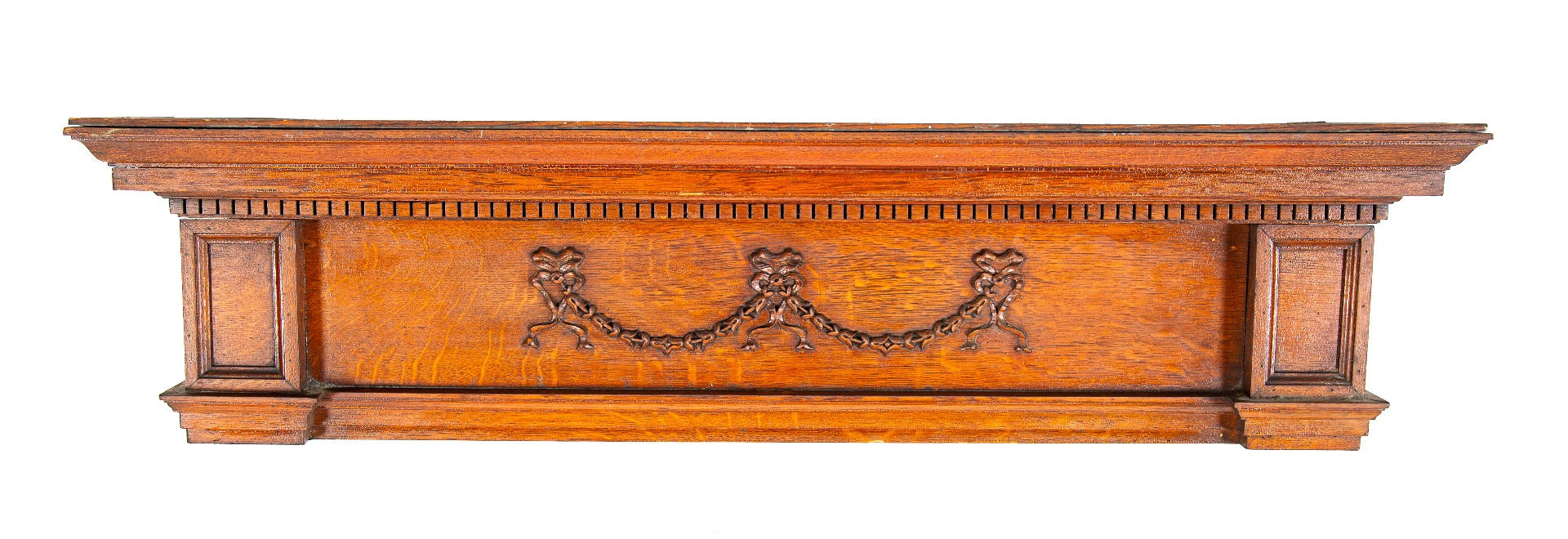 exceptional oversized 19th century salvaged chicago interior residential quarter-sawn oak wood header with richly ornamented applique