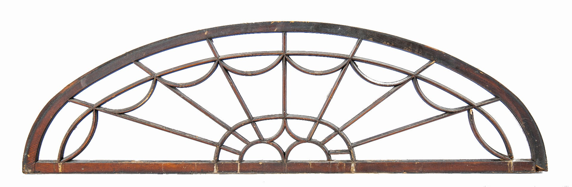 massive all original 19th century georgian style darkly stained arch top fan transom window frame comprised entirely of wood