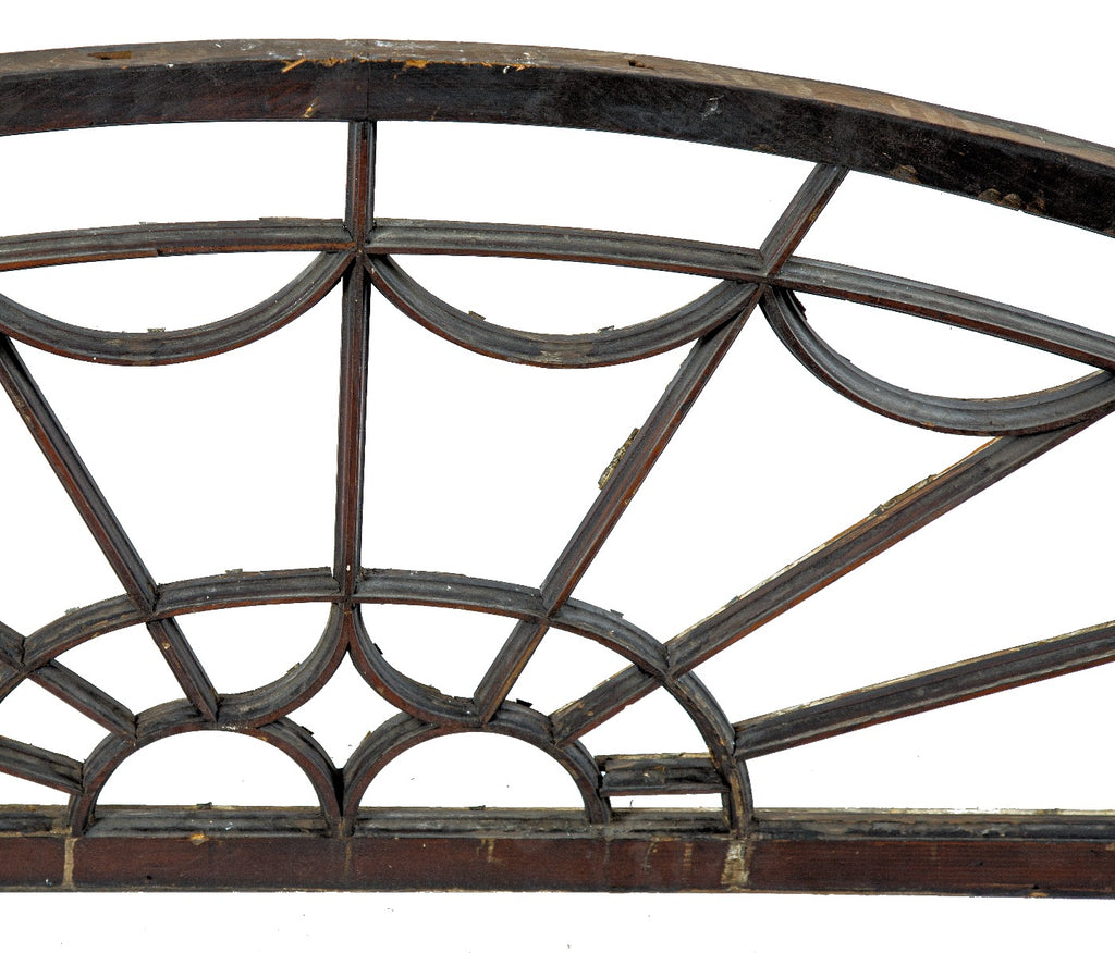 massive all original 19th century georgian style darkly stained arch top fan transom window frame comprised entirely of wood