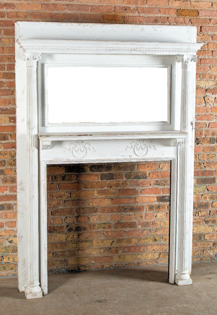 completely intact late 19th century quartered oak wood salvaged chicago fireplace mantel with beveled mirror and fluted columns