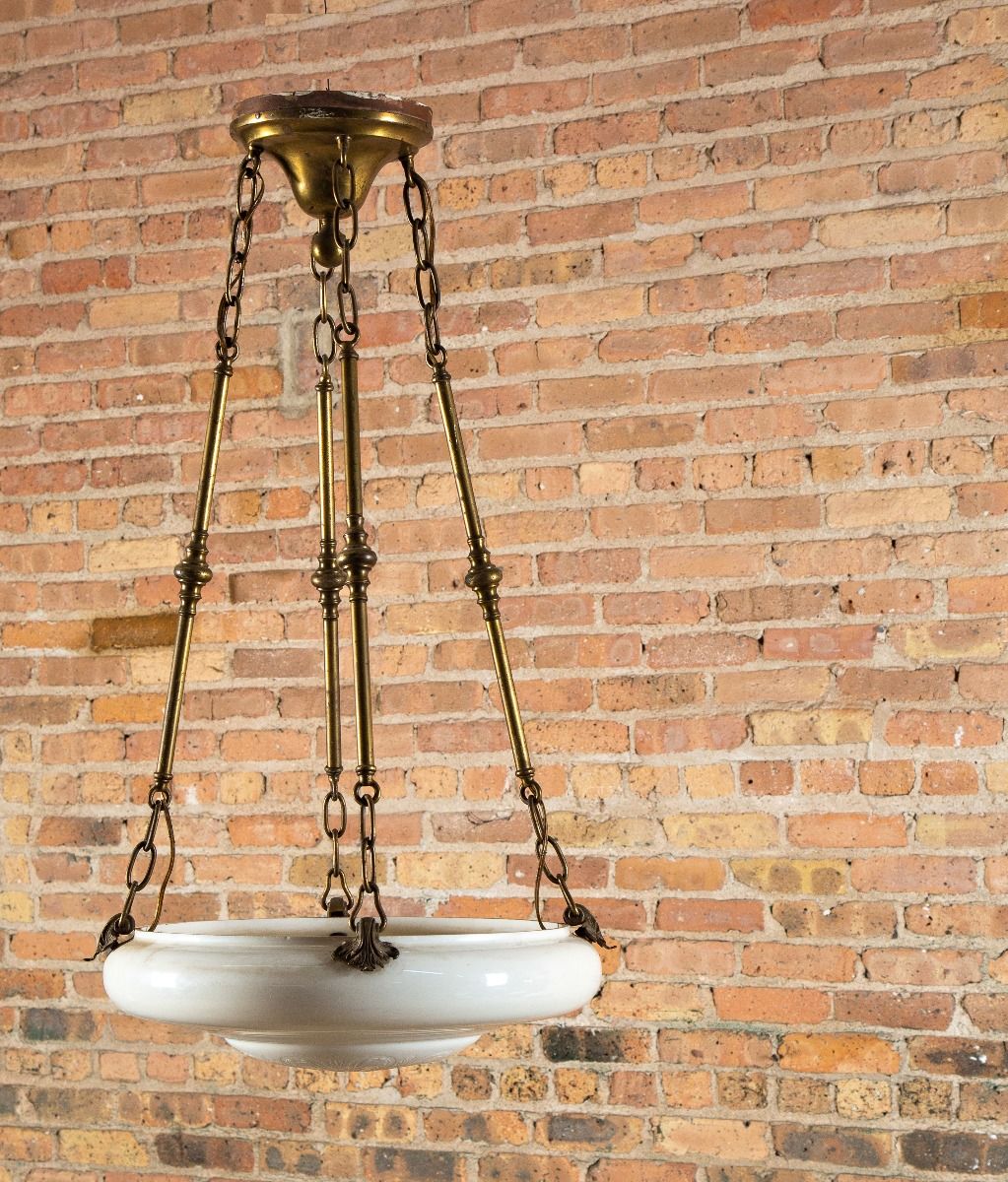 hard to find early 20th century dance hall ceiling fixture with exceptional acid-etched calcite steuben bowl shade