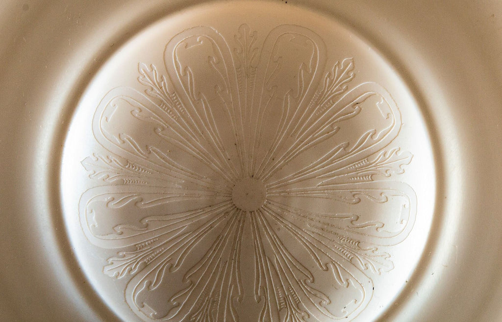 hard to find early 20th century dance hall ceiling fixture with exceptional acid-etched calcite steuben bowl shade