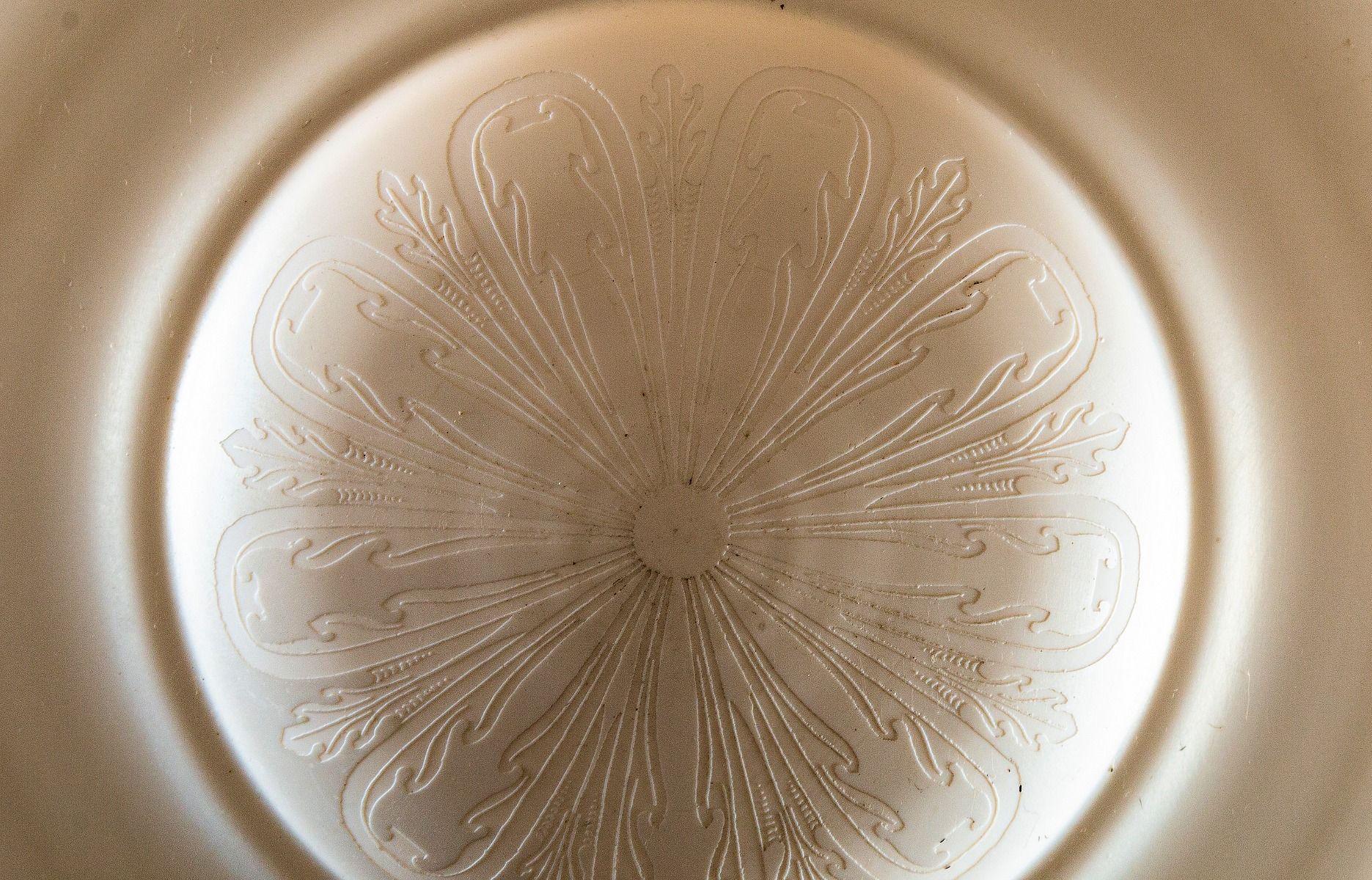 hard to find early 20th century dance hall ceiling fixture with exceptional acid-etched calcite steuben bowl shade