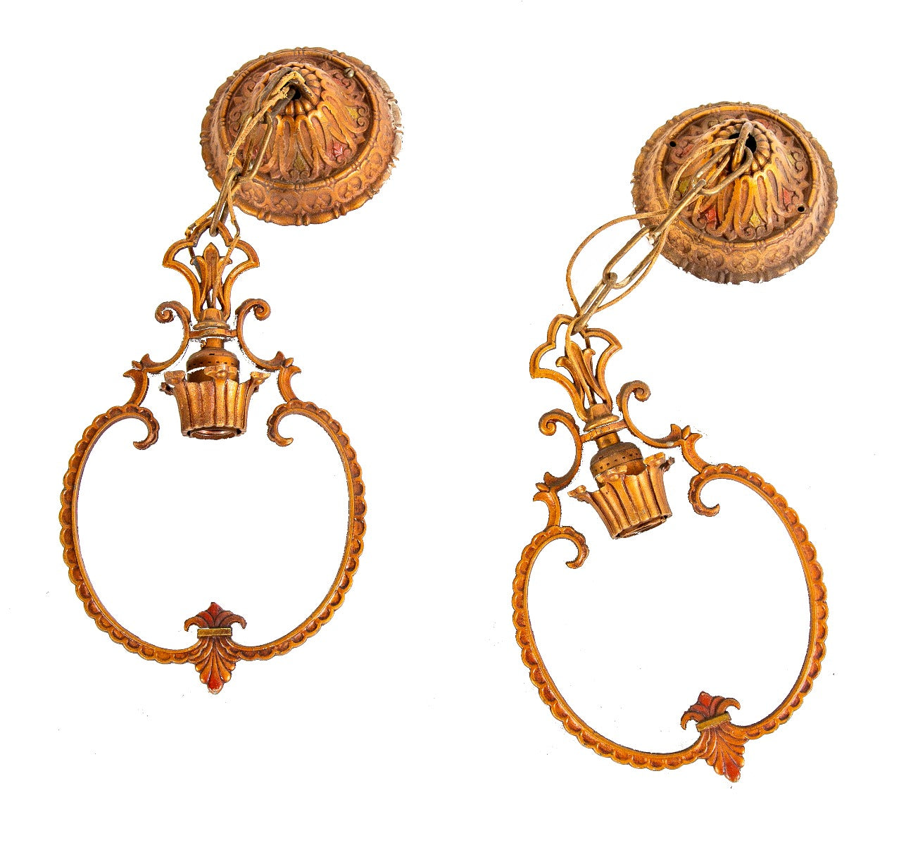 one of two matching original c. 1920's antique american depression-era riddle single-light ceiling pendants with original polychromed finish