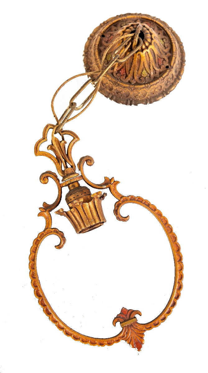 one of two matching original c. 1920's antique american depression-era riddle single-light ceiling pendants with original polychromed finish