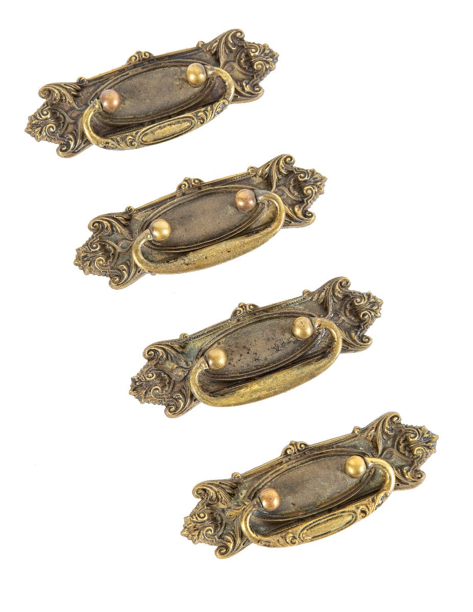 group of four heavy cast brass early 20th century hard to find "dorcas" pattern residential built-in cabinet pulls with drop handles
