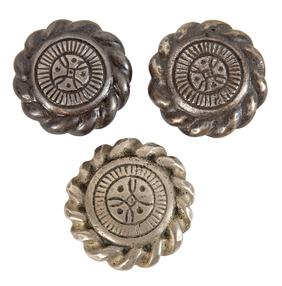 group of three highly sought after depression-era california spanish revival bungalow ornamental doorknobs