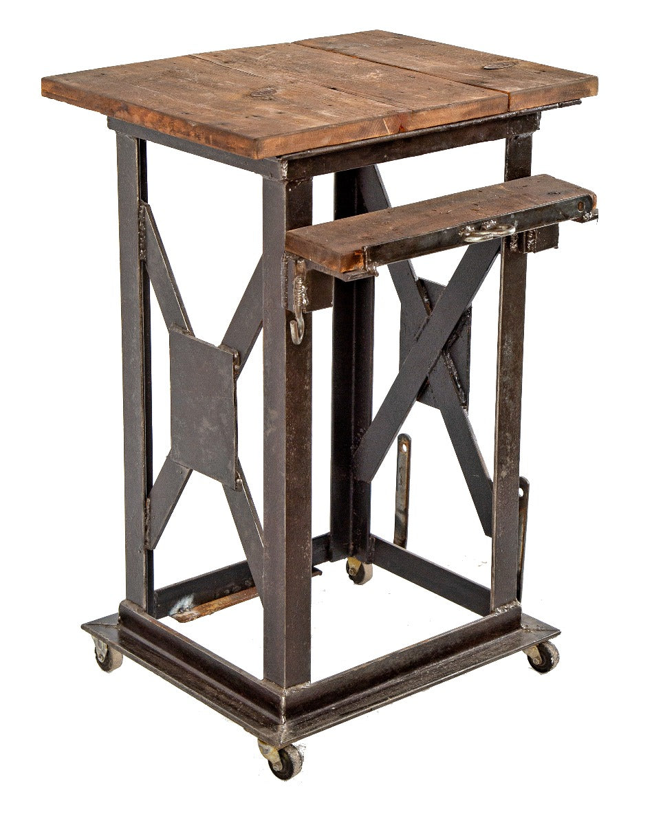 unusual custom-built heavy guage welded joint salvaged chicago factory machine shop work stand with newly added pine wood top and shelf