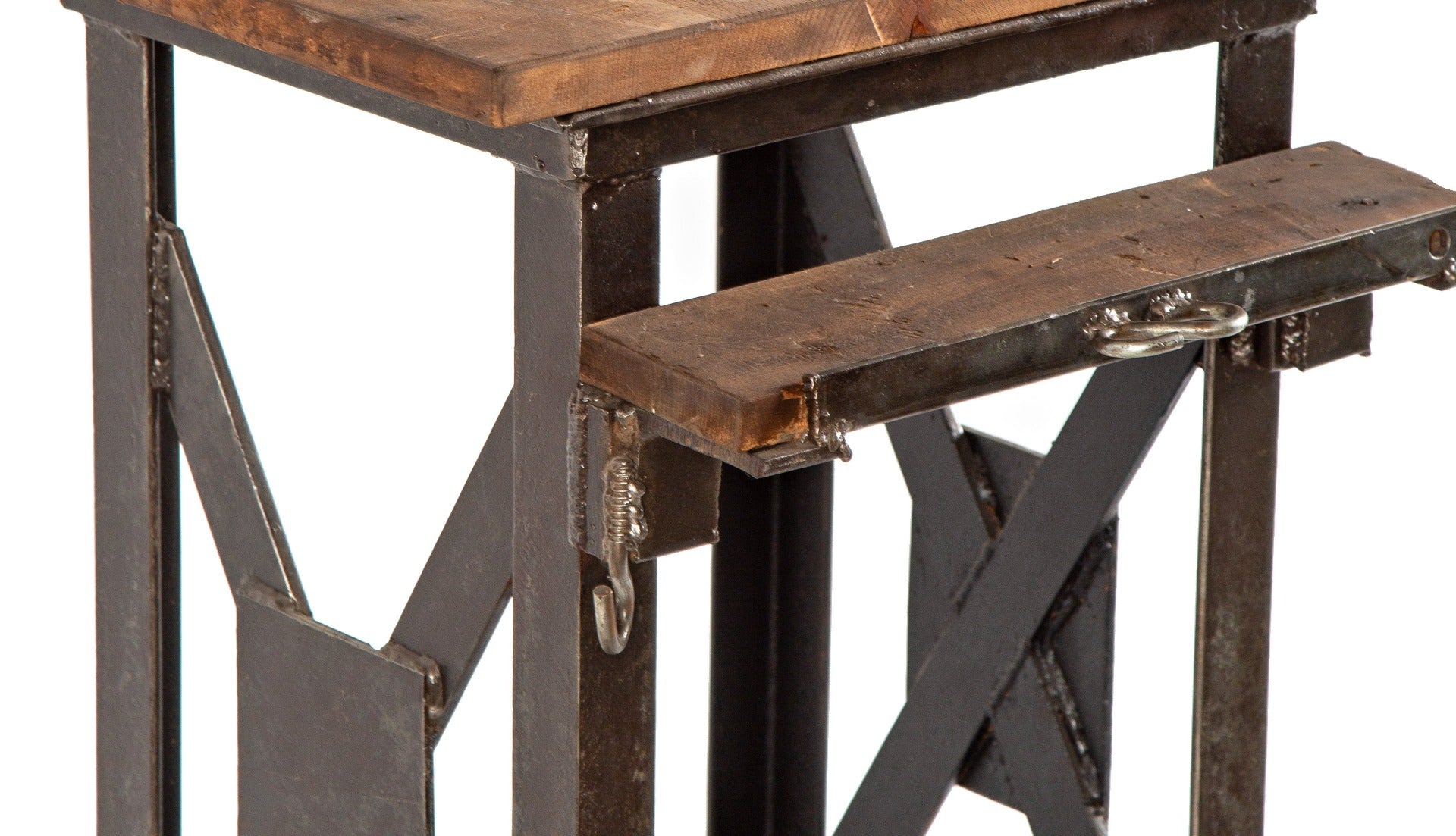 unusual custom-built heavy guage welded joint salvaged chicago factory machine shop work stand with newly added pine wood top and shelf