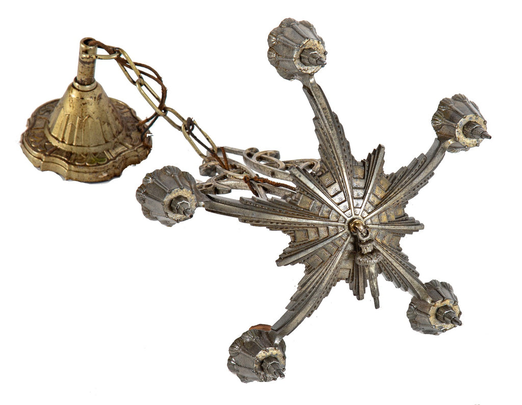 visually striking antique american salvaged chicago art deco five-light barebulb chandelier or ceiling light with original canopy