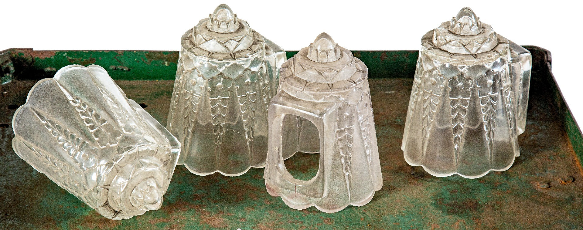 one of four matching hard to find clear pressed glass american art deco riddle slip or drop shades
