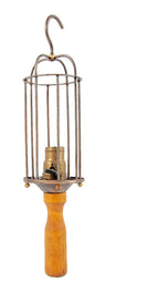 refinished fully functional antique american industrial mcgill portable trouble light with single socket and turned wood handle